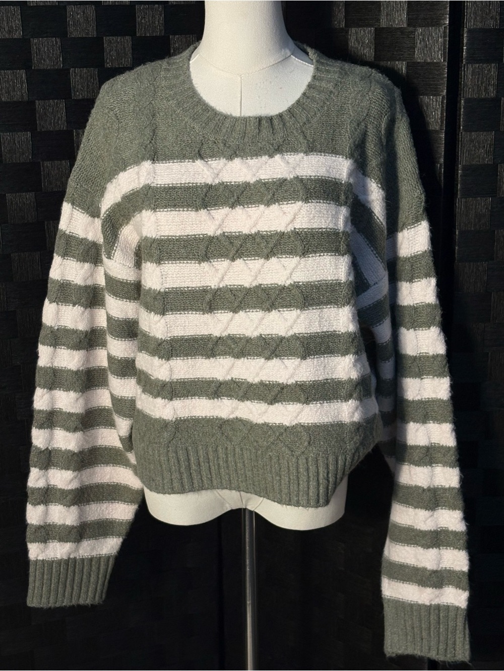 Thread & Supply Olive Green Striped Over Sized Cable-Knit Crewneck Sweater